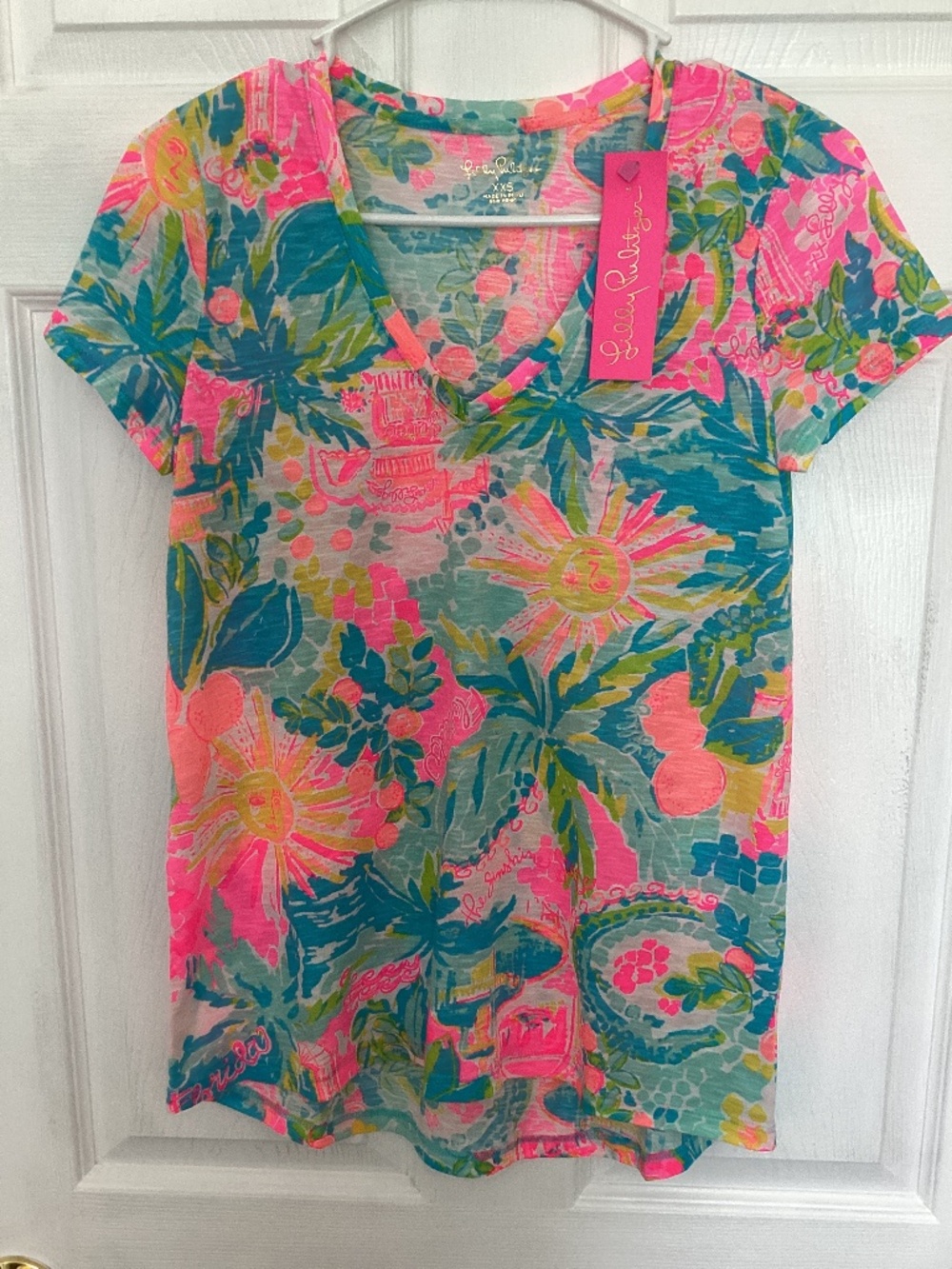 Lilly Pulitzer Etta V-Neck Top Sunshine State of Mind Florida Size XXS NWT Beach